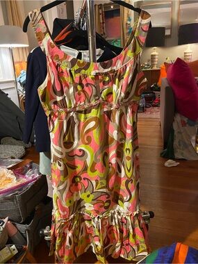 Ruth Sleeveless Midi Dress in Pink, Green & Brown - Retro Swirl Print